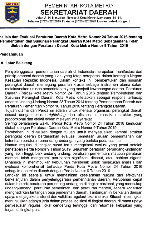 Cover ANALISIS DAN EVALUASI PERATURAN DAERAH KOTA METRO NOMOR 24 TAHUN 2016